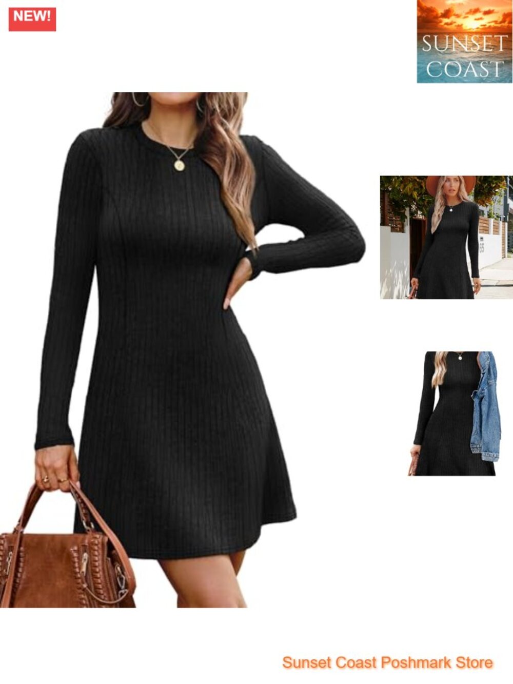 Long Sleeve Ribbed Knit Sweater Dress Crew Neck Bodycon A-Line